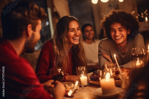 A diverse group of individuals gathered together, seated around a table adorned with flickering candles, Group of emotional young people enjoying dinner party with friends, AI Generated