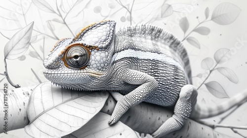  a chameleon perched atop a tree branch, surrounded by lush green leaves The background is a bright white, highlighting the vibrant colors of the chameleons and the