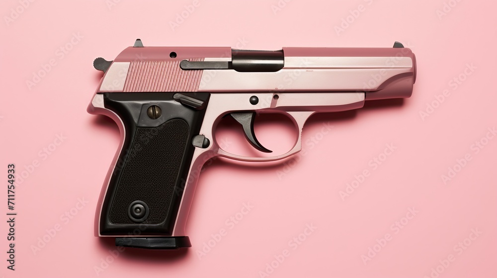 A handgun set against a pink background, representing themes of firearm safety, security, and the contrasting concept of violence in a seemingly innocent setting. A handgun set against a pink background, representing themes of firearm safety, security, and the contrasting concept of violence in a seemingly innocent setting.