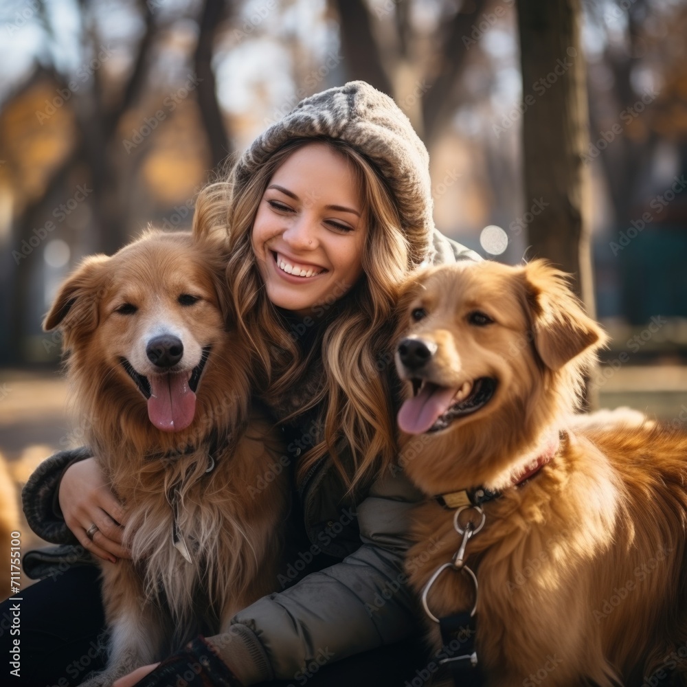 Young charming smiling girl is resting while dogs Generative AI