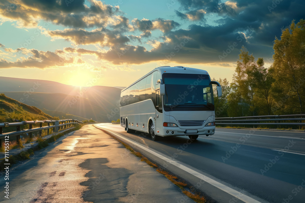 White travel bus on a beautiful highway. AI generated White travel bus on a beautiful highway. AI generated