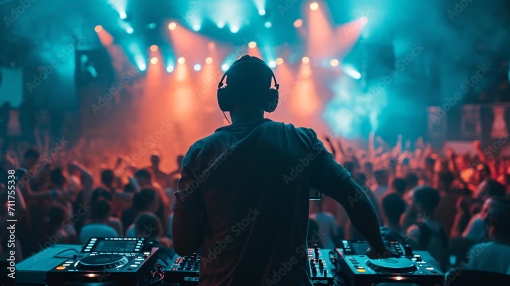 Club, disco DJ playing and mixing music for crowd of happy people. Nightlife, concert lights, flares Club, disco DJ playing and mixing music for crowd of happy people. Nightlife, concert lights, flares