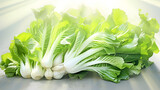 Fresh green vegetables ingredient food,pak choi Chinese cabbage,A vibrant bok choy, its green leaves and white stalk contrasting sharply against a clean white environment,A vibrant bok choy



