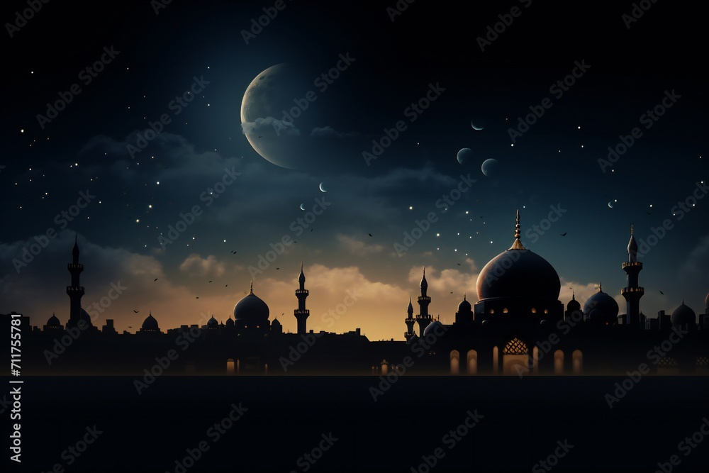 Ramadan Kareem religious scene with mosque in the distance Generative Ai - obrazy, fototapety, plakaty 