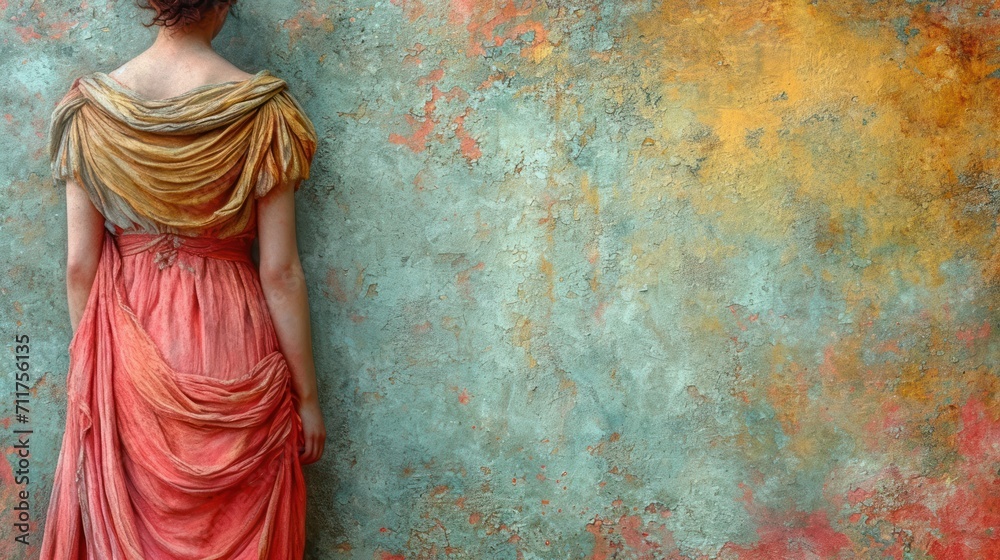 a painting of a woman in a red dress standing in front of a wall with a ...