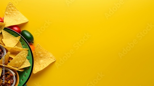 Isolated Top View Photo of Popular Cinco de Mayo Elements – Nacho Chips, Salsa Sauce, Maracas, and Sombrero on a Vivid Yellow Background for Microstock Sales photo