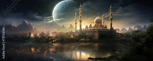 Ramadan Kareem religious scene with mosque in the distance Generative Ai