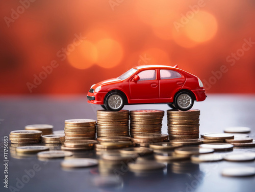 Red car with coins, auto tax and financing, car insurance and car loans, concept of savings money on car purchase 