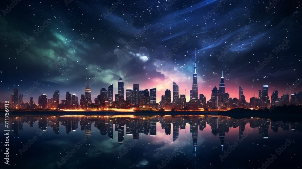 Obraz premium A nighttime view of a city skyline with glittering lights against the dark sky, highlighting the urban beauty under the stars - Generative AI