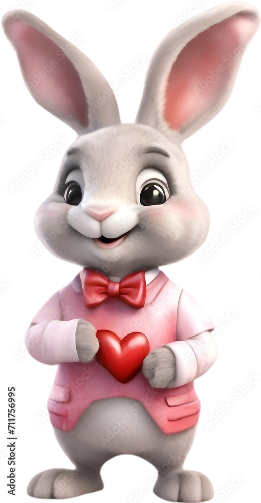 Watercolor of a cute cartoon rabbit in a Valentine-themed costume. 