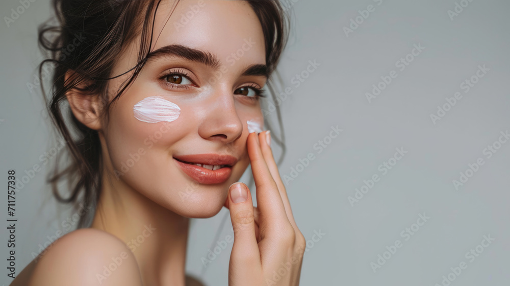 Close-up of a woman with clear blue eyes and flawless skin applying a white cream on her cheek with her fingers, exemplifying a skincare routine.