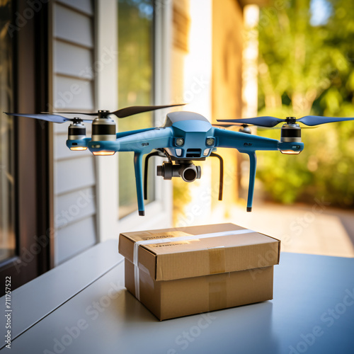 Fast air shipping, contactless and safe delivery. Drone flying through the air with a delivery box package