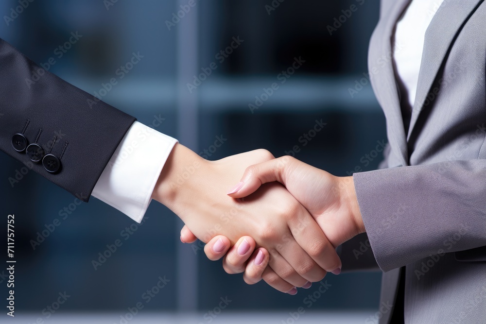 Two people engage in a formal agreement, shaking hands in close proximity, Handshake with a happy, confident and excited business woman, AI Generated