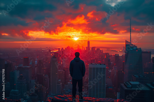 a lone figure standing on a rooftop in a sunset city © CROCOTHERY