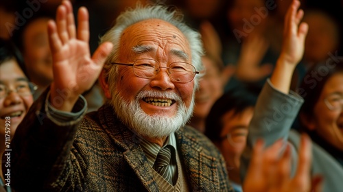Elderly man waving with joy in a crowd at an event