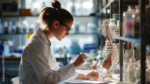 Young woman, likely a medical student, studying or taking notes from a clipboard while a detailed anatomical model of the human body is in the foreground.