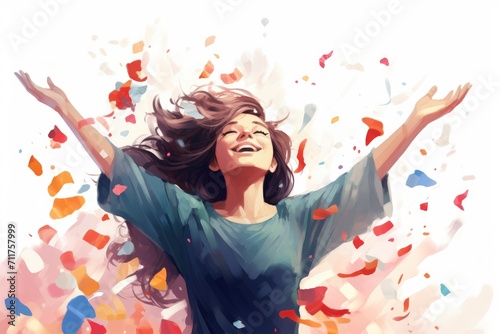 A joyful woman expressing excitement and success by raising her arms up in the air, Happy beautiful cheering woman covered by confetti, AI Generated