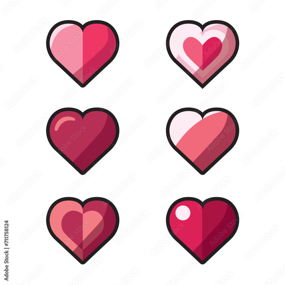 Heart Icons Set, flat style, for valentines day and wedding. vector