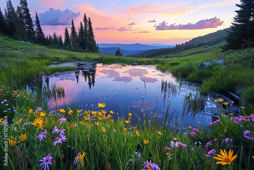 mountain landscape with lake and flowers, AI generated