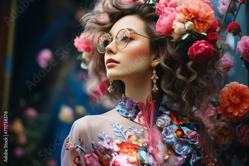modern japanese woman with glasses and flowers photo