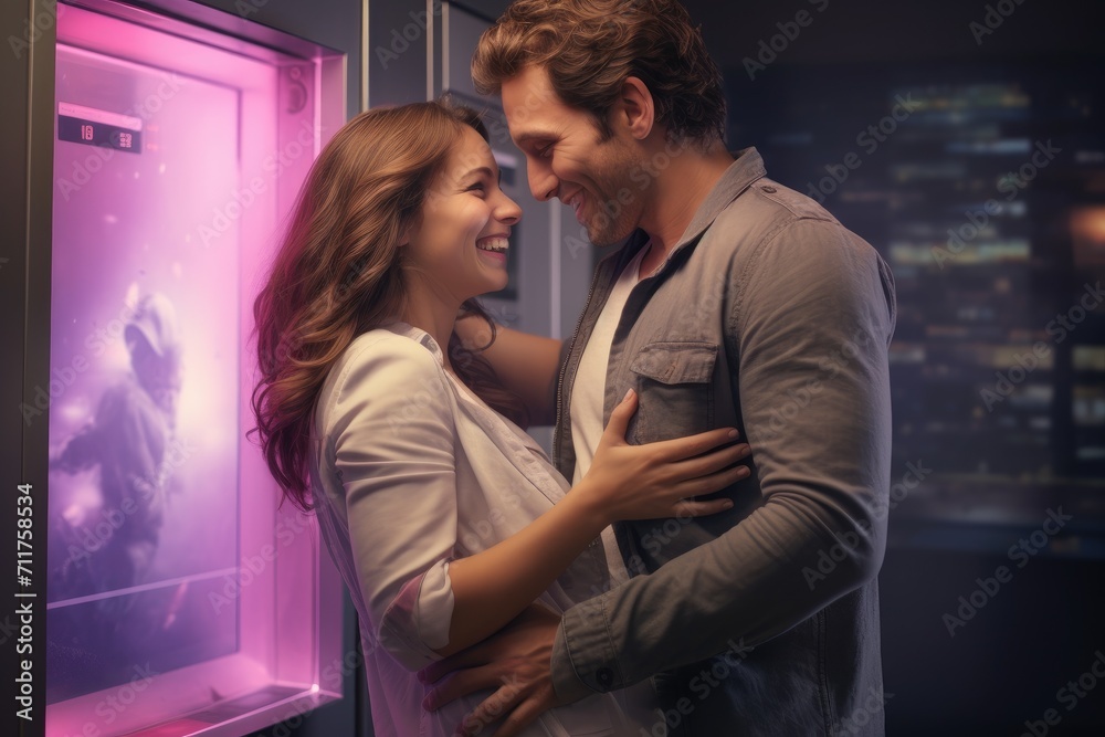 A man and woman standing next to each other in a casual pose, representing the typical couple, Happy couple with pregnancy test celebrating, hugging in bathroom, AI Generated