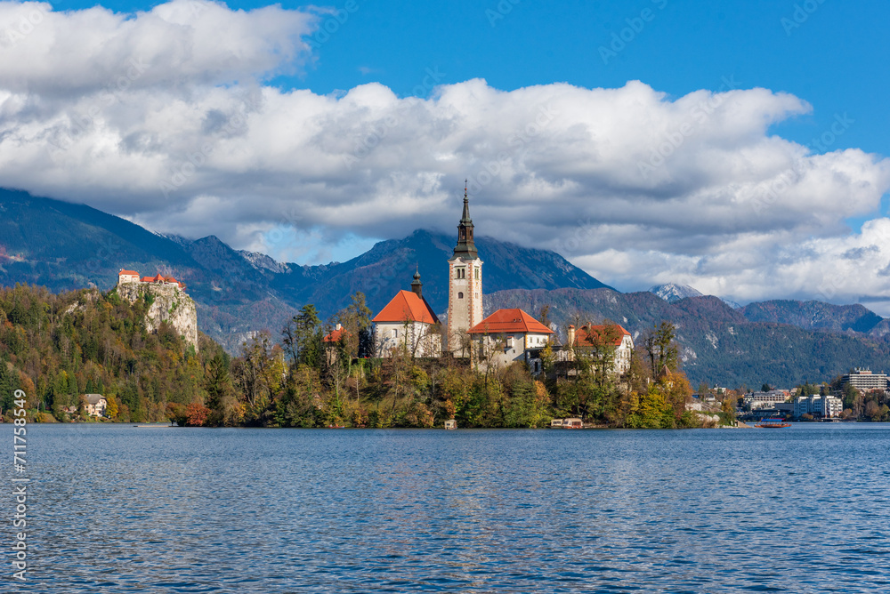 Scenic view of a church on an island at Lake Bled, Slovenia