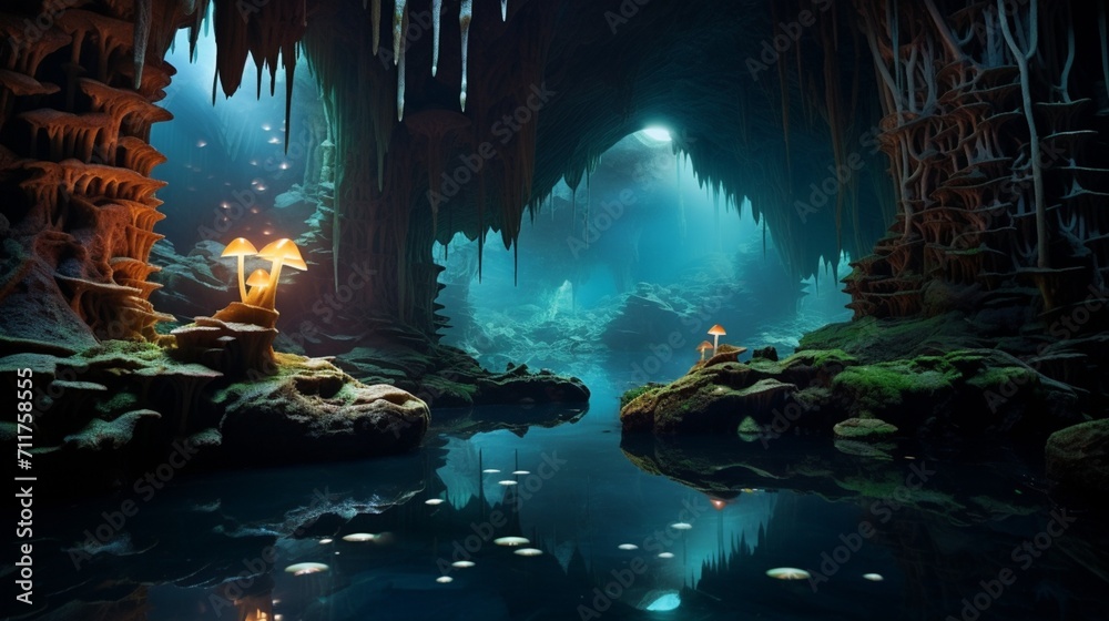 A nocturnal view of a bioluminescent cave system, showcasing the ...