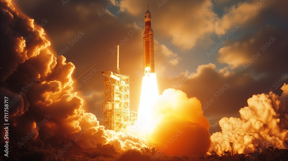 Obraz premium Dramatic rocket launch at sunset with vibrant clouds and fiery takeoff