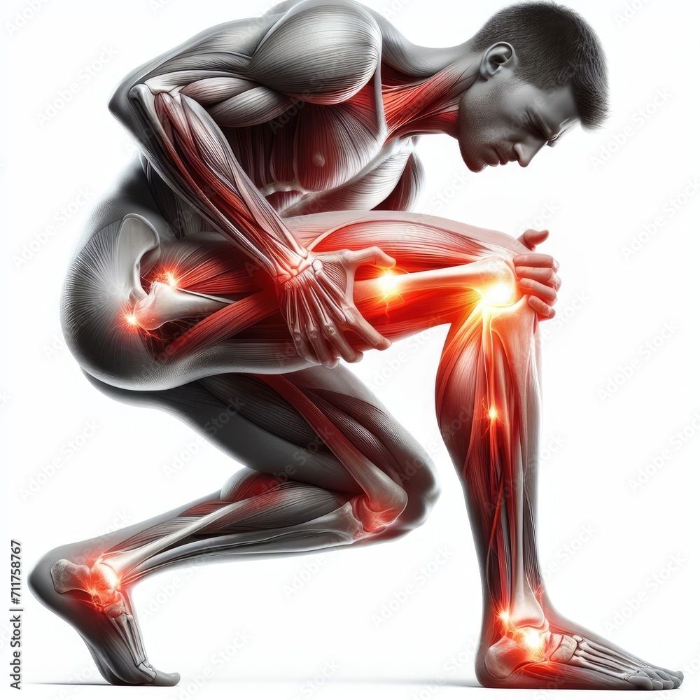 Naklejka premium Huge pain in the leg bone, joints, and hands touched the painful point with a red x-ray indicating the injured area.