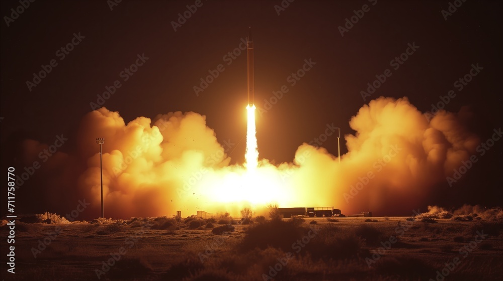 Fototapeta premium Dramatic rocket launch at night with fiery exhaust and smoke