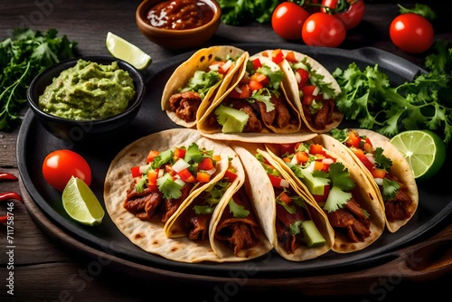 a plate of tacos with well-seasoned meat, fresh salsa, and guacamole