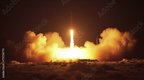 Dramatic rocket launch at night with fiery exhaust and smoke photo