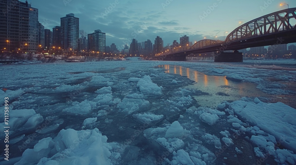 Frozen River, Wide Shot of a City River Turned to Ice, Bridges Overhead.