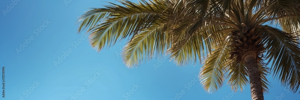 A tropical palm tree on the ocean shore. Paradise beach. Summer background. Seascape. A gorgeous island. Natural landscape. Seasonal wallpaper.