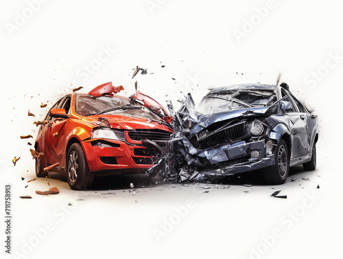two Cars accident violently facing each other, on isolated white background 