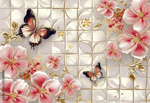 Butterflies and pink floral wallpaper with gold tiles, in the style of pure color, aggressive quilting, ceramic tapestries. photo