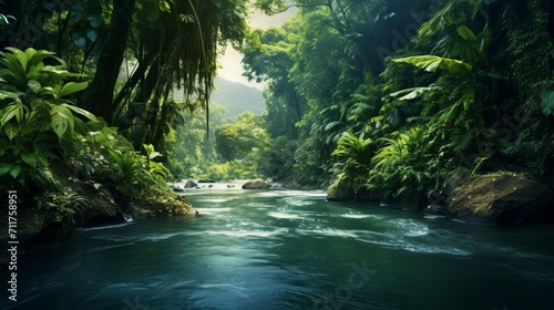 A peaceful river flowing through a lush tropical forest