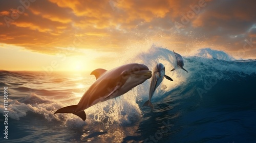 A pod of dolphins jumping out of the ocean waves © SHAPTOS