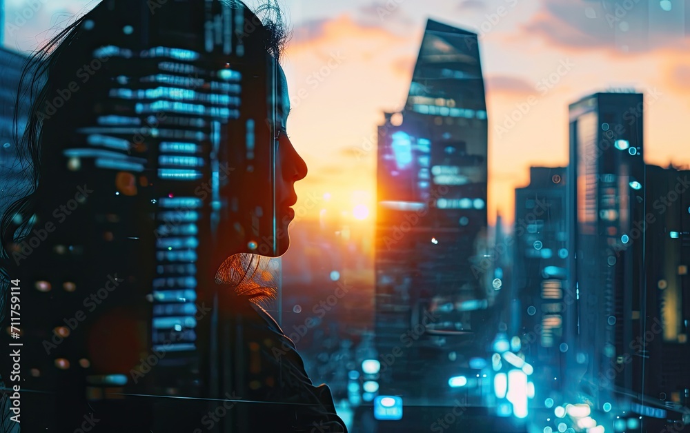 Woman silhouette and digital data, Girl nested within the cityscape