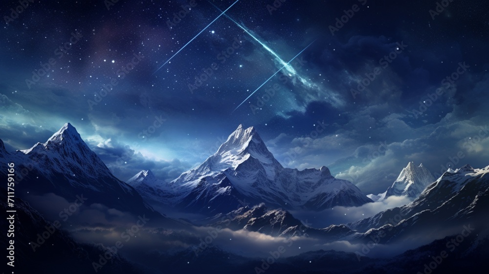 A nocturnal view of a snow-covered mountain range under the shimmering light of the stars, displaying the serene grandeur of the nighttime snowy peaks - Generative AI