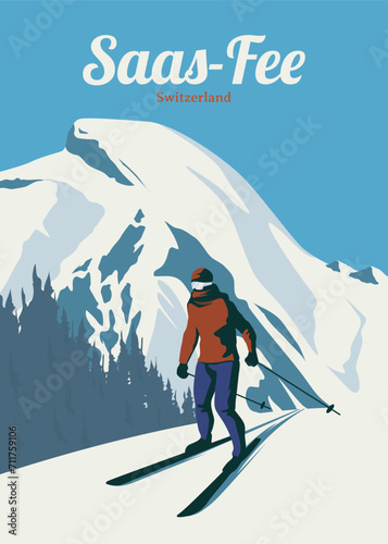 saas fee poster vintage at switzerland ski design. saastal poster design