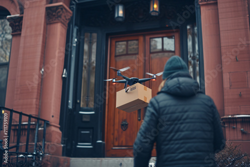 Fast air shipping, contactless and safe delivery. Drone flying through the air with a delivery box package