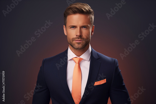 Businessman wearing a dark blue suit, dark wall background