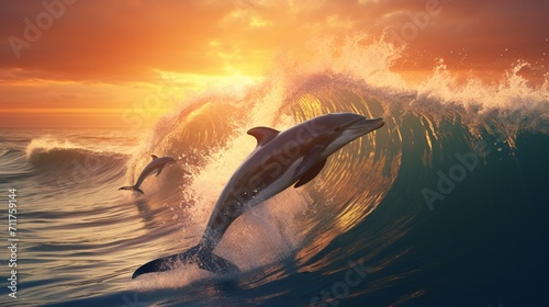 A pod of dolphins jumping out of the ocean waves