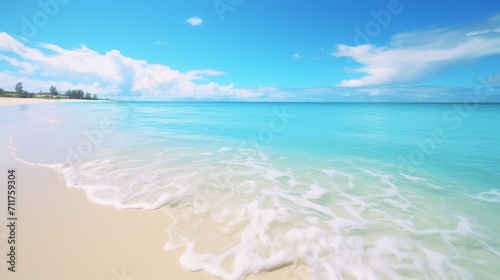 A pristine white sandy beach with turquoise waters