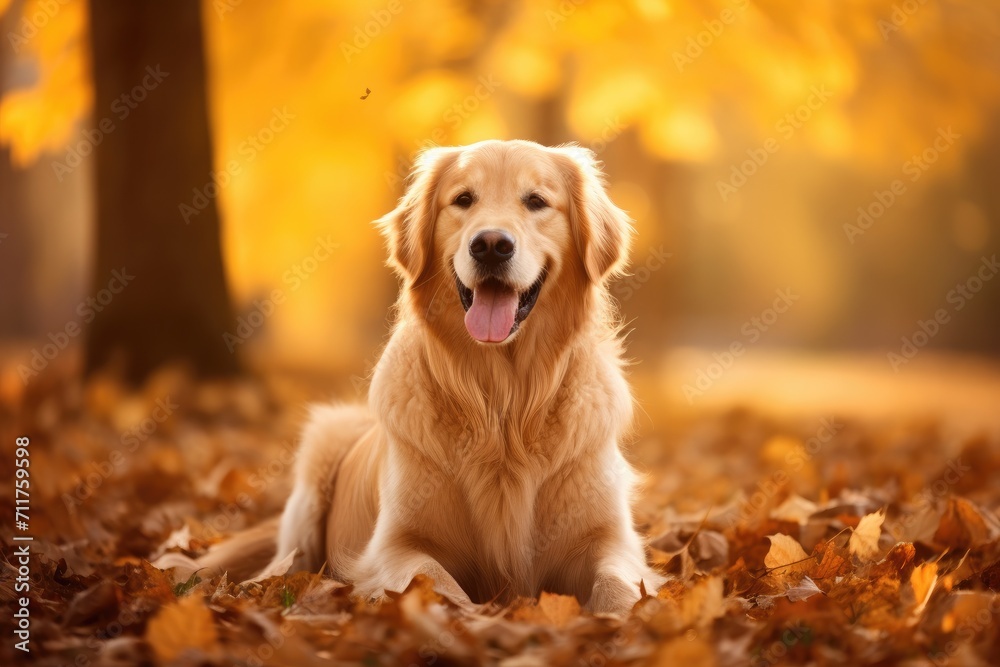 A beautiful golden retriever rests among the fallen leaves in a serene park setting, Happy golden retriever dog on Autumn nature background, AI Generated