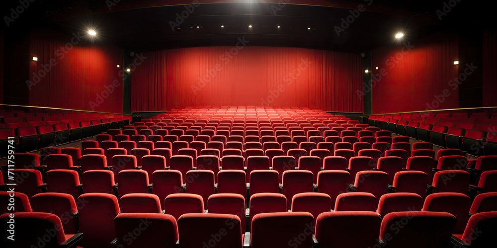 Fototapeta premium Rows of vibrant, empty red seats awaiting audience in the spacious cinema hall , concept of Crowdsourcing
