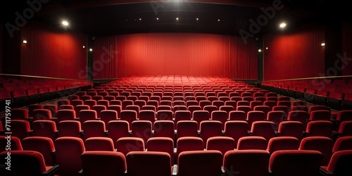 Rows of vibrant, empty red seats awaiting audience in the spacious cinema hall , concept of Crowdsourcing photo