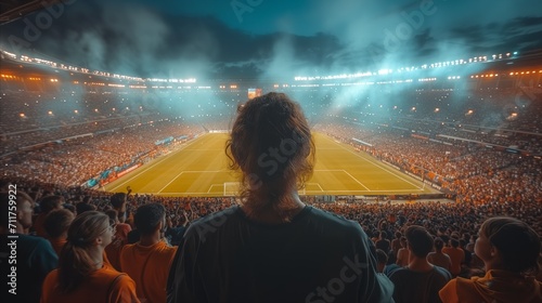 Spectator enjoying atmosphere at stadium during nighttime football match photo