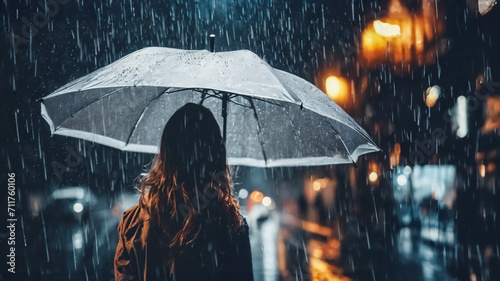 Eleganza sotto la Pioggia- Donna con Ombrello Bianco girata di spalle photo